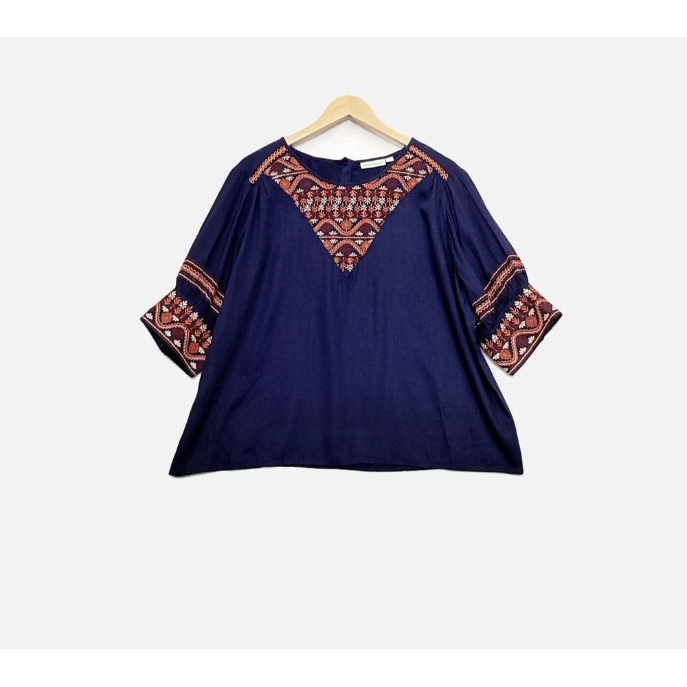 Roller Rabbit Top Women XL Navy Embroidered Boho Festival Boxy 100% Tencel